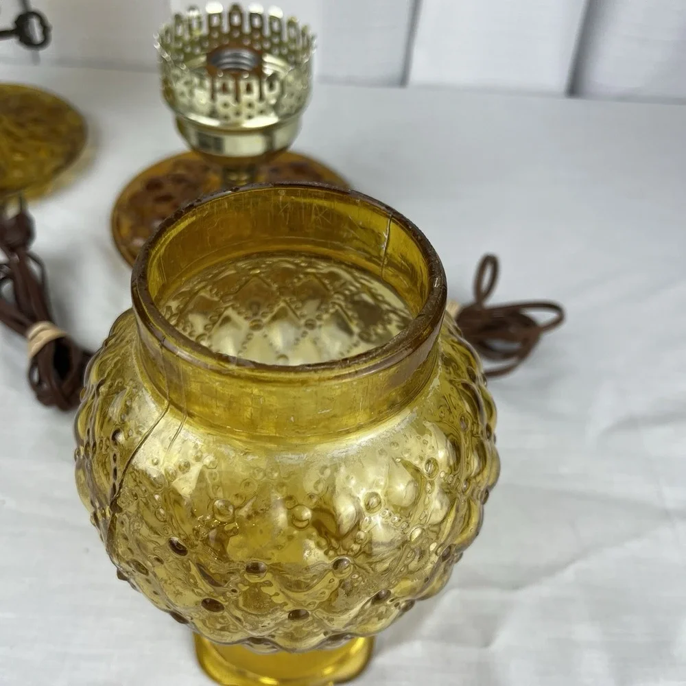 TWO Quilted Amber Glass Hurricane Bedside Vanity Table Electric Lamp